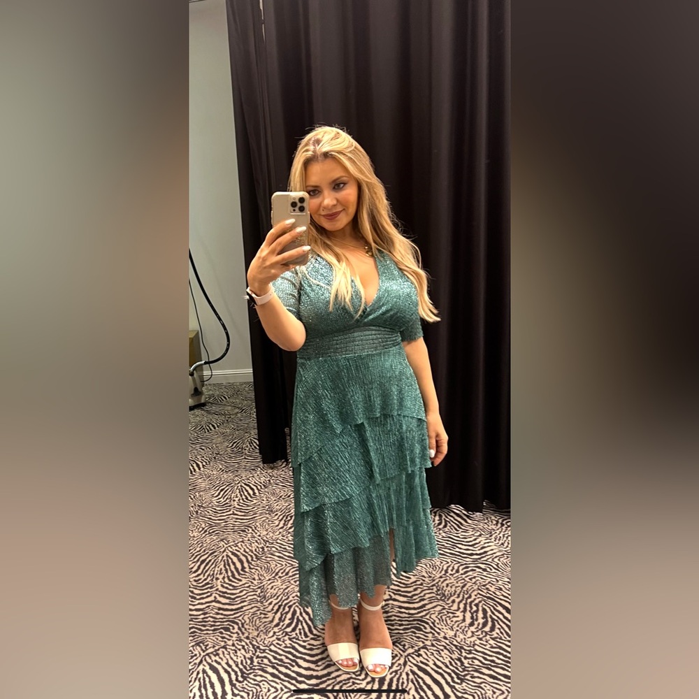 Maje Metallic Ruffled Dress – Sage Green Shimmer Midi, Holiday-Ready Elegance